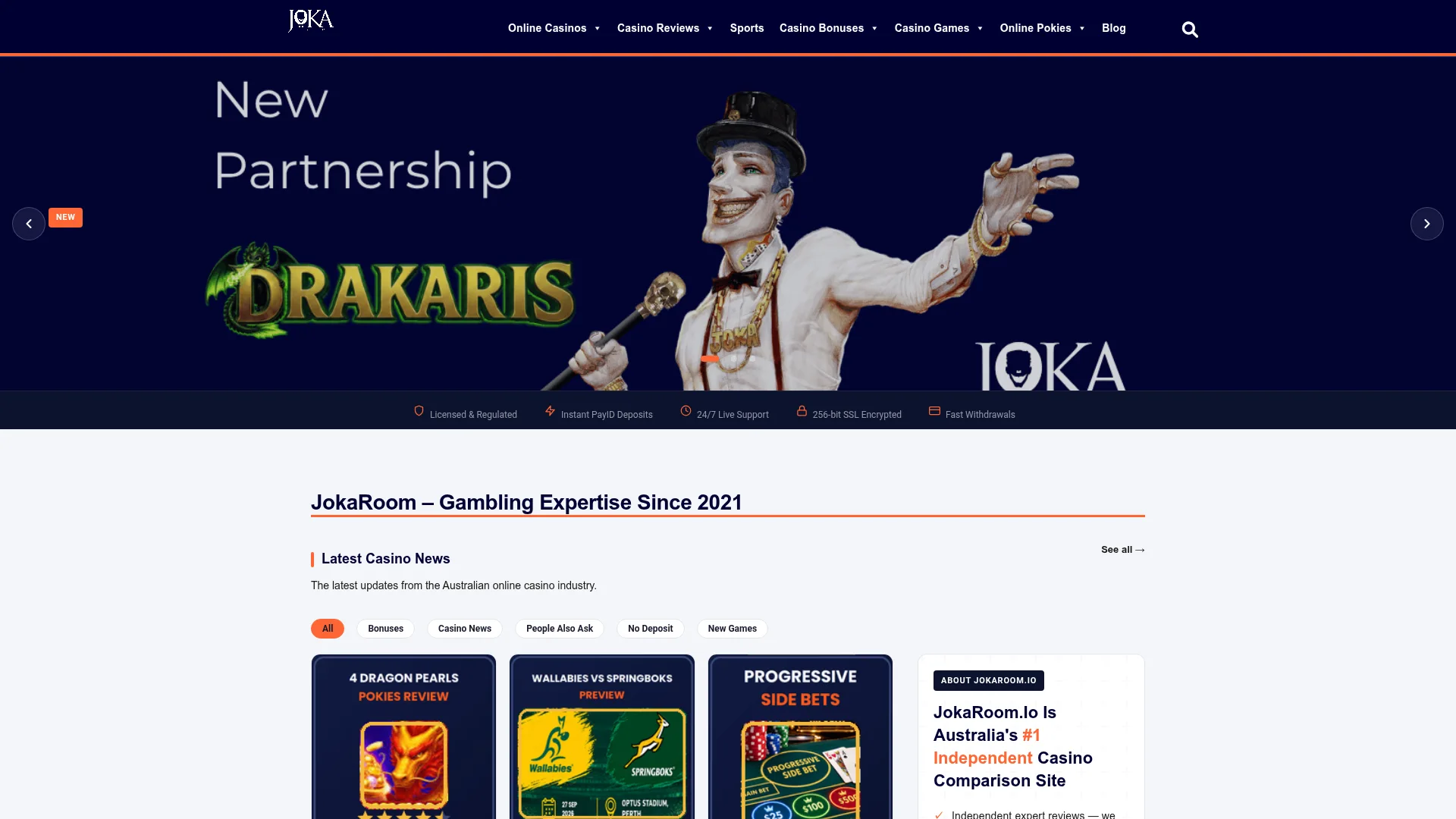 Joka Room Casino desktop interface for casino games and account offers